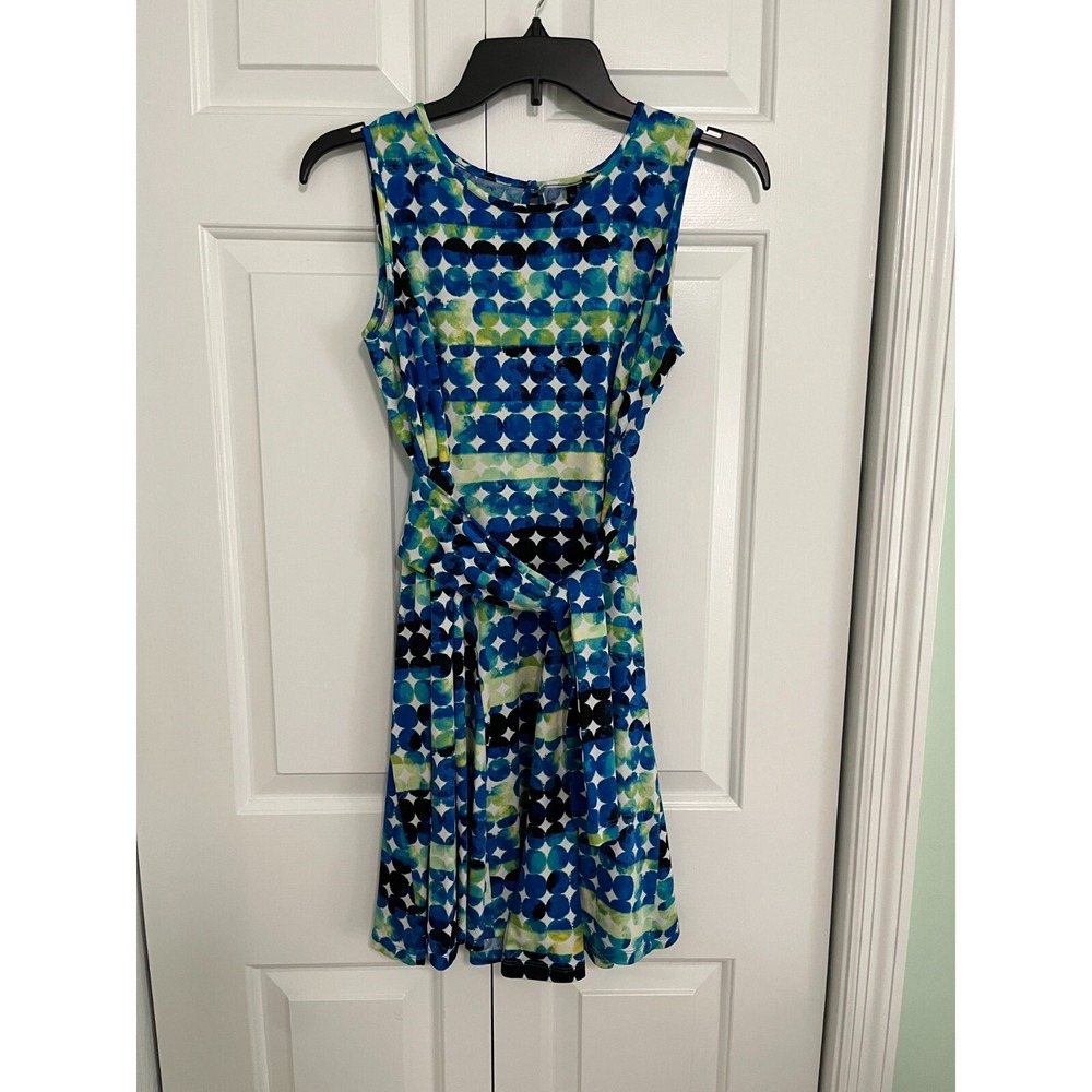 New Directions Womens Dress Small Petite‎ Blue green art attached belt design